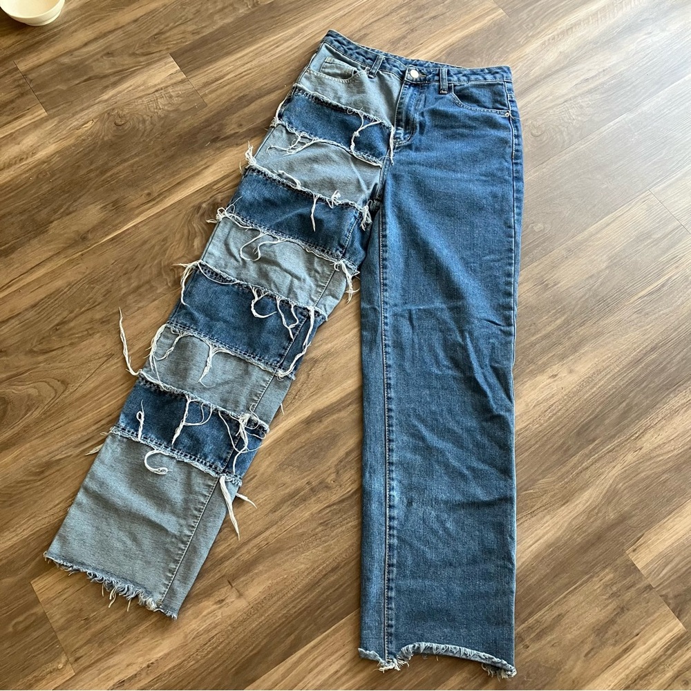 NEW RARE DISTRESSED PATCH COLORBLOCK JEANS - Picture 3 of 15